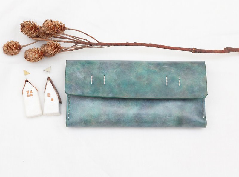 Accordion vegetable tanned leather long wallet - My little green - Pacific blue color - Wallets - Genuine Leather Blue