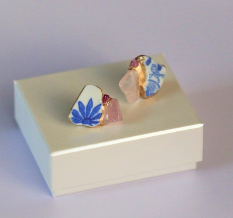 Kintsugi x natural stone earrings earrings (sea pottery, rose quartz, ruby)
