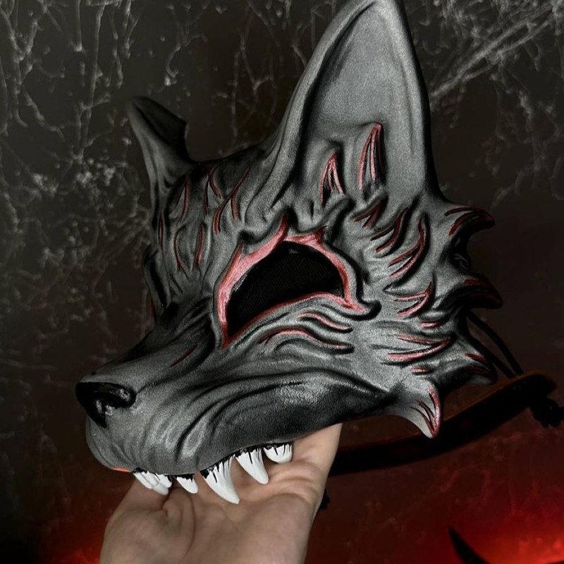 Wolf Mask, Japanese Kitsune Half mask, Black & Red Fox half mask, Dog mask - 口罩/口罩收納套 - 樹脂 黑色