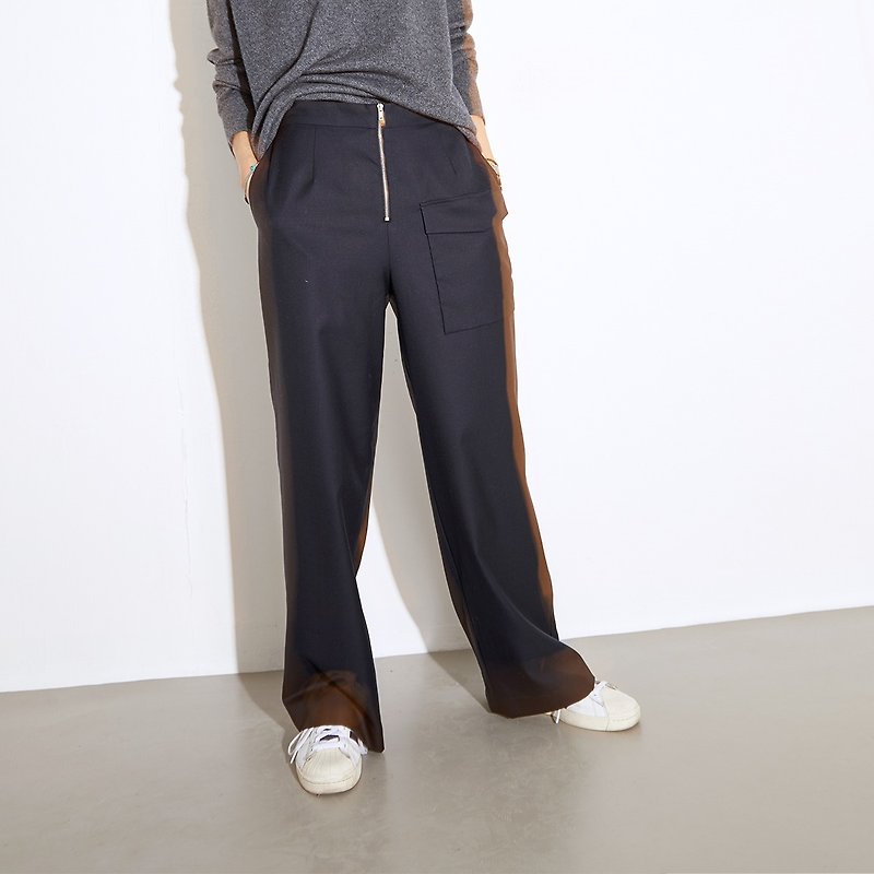 GAOGUO originality brand 100%wool pocket zipper wide legged suit pants - กางเกงขายาว - ขนแกะ สีน้ำเงิน