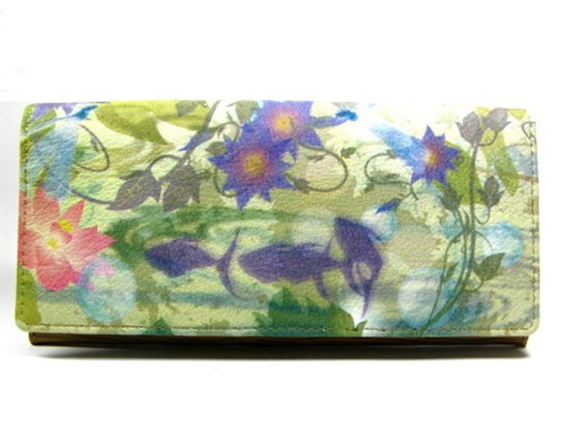 water lilies long wallet - กระเป๋าสตางค์ - หนังแท้ สีเขียว