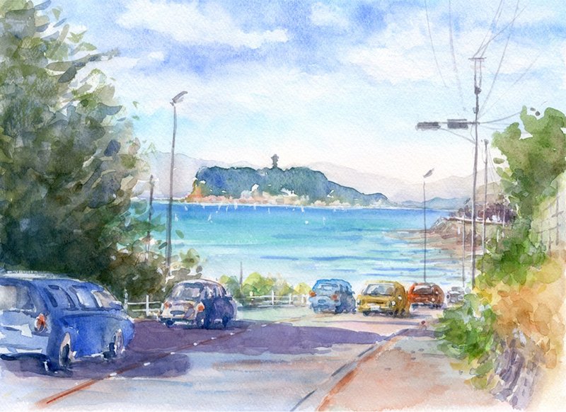 注文制作します　水彩画原画　江の島遠望・稲村ヶ崎付近 - 海報/掛畫/掛布 - 紙 藍色