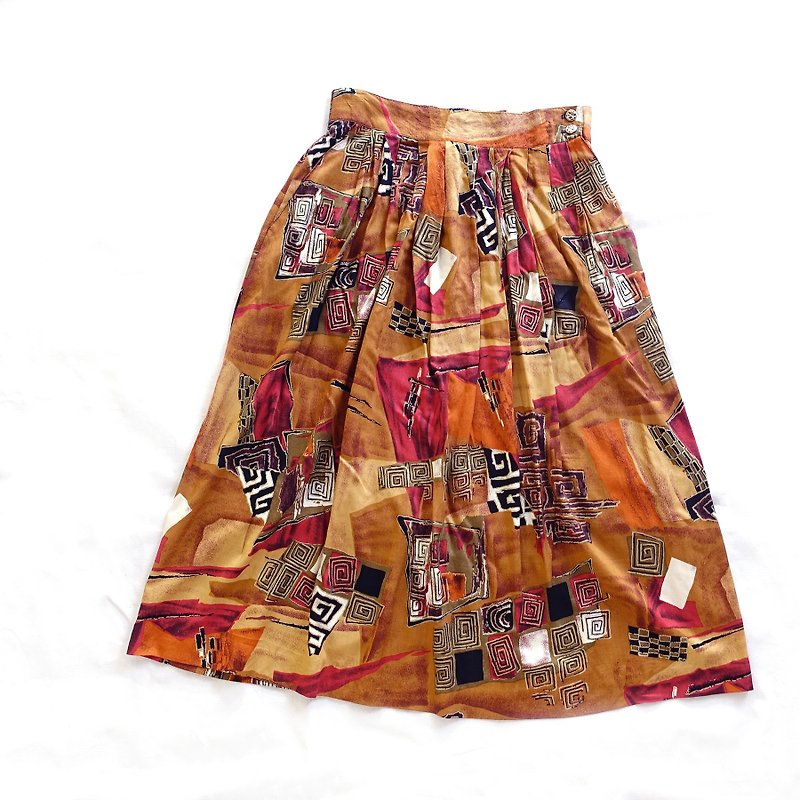 BajuTua / ancient / coffee orange geometric color print dress - Skirts - Polyester Orange