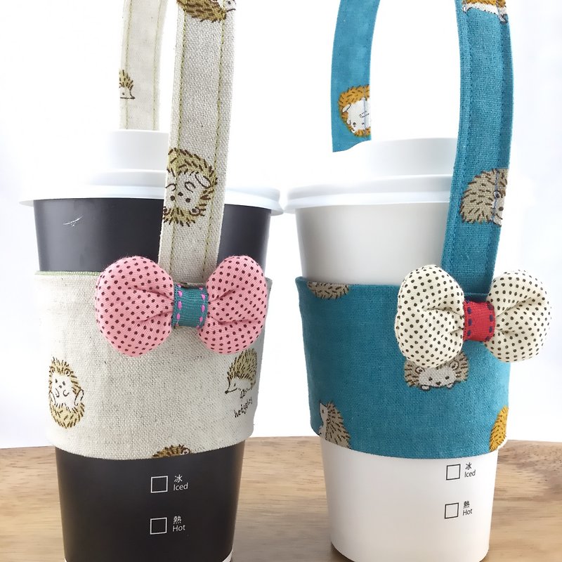 Meng Meng hedgehog - drink cup cover / bring - couple Madog two into a group / bow section - Beverage Holders & Bags - Cotton & Hemp 