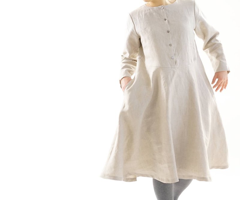 linen dress / flare dress / sleeves with slits / front button / flaxen / a19-34 - One Piece Dresses - Cotton & Hemp Khaki