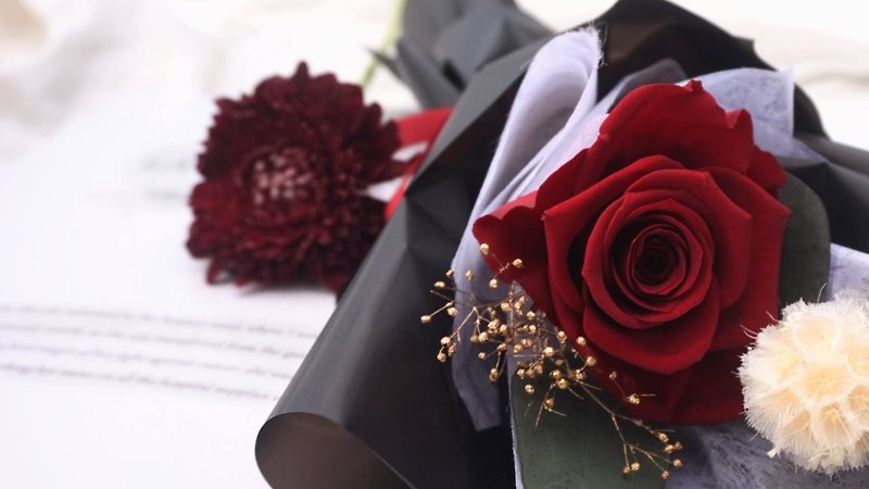 Single everlasting rose bouquet with transparent carrying bag - ช่อดอกไม้แห้ง - พืช/ดอกไม้ 