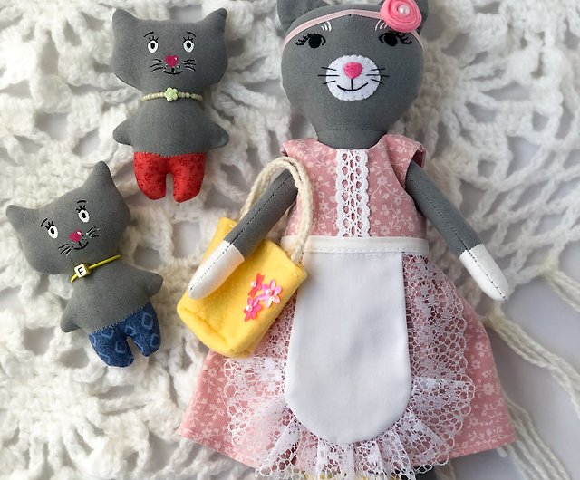 Details about   Handmade Cloth Rag Doll Cat Stuffed Animal Unique Art Doll Kitty Christmas Gift 