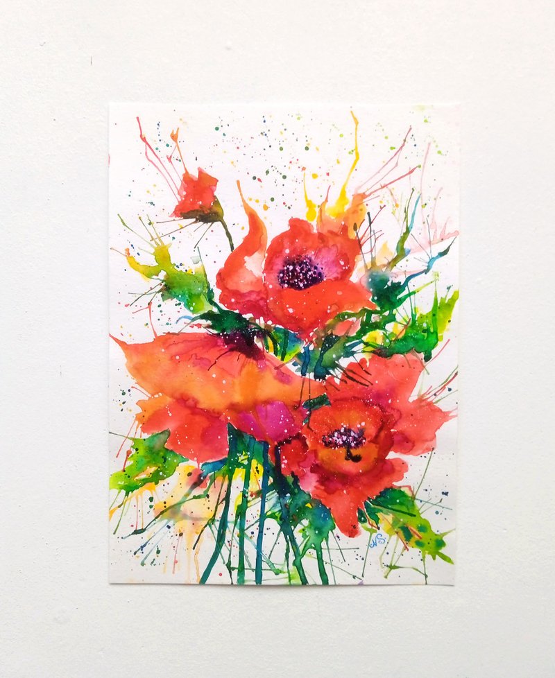 Abstract Poppy Original Painting Watercolor Poppies Original Wall Art - ตกแต่งผนัง - กระดาษ สีแดง