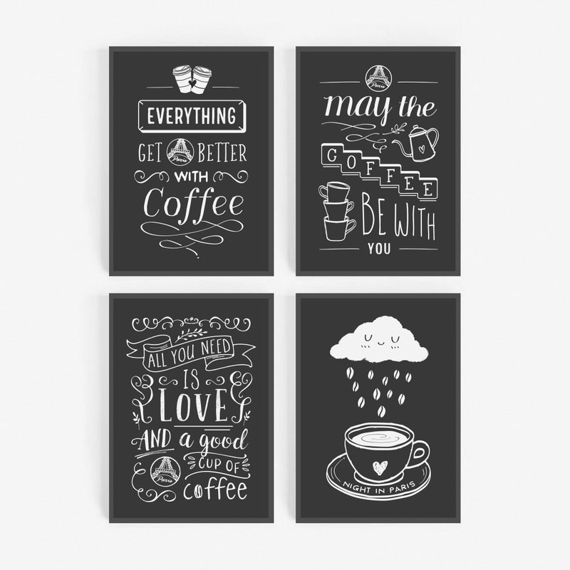 coffee chalkboard art,4張 可客製化 咖啡店海報 掛畫 - 似顏繪/客製畫 - 紙 