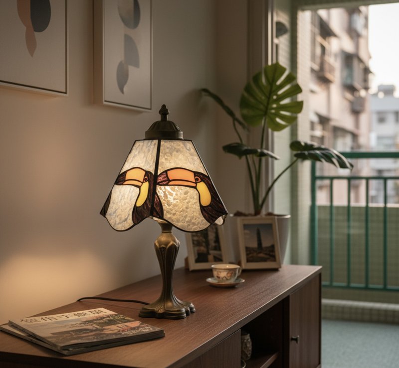 熱帶戀曲 | 巨嘴鳥情侶手工復古鑲嵌玻璃檯燈 - 燈具/燈飾 - 玻璃 多色