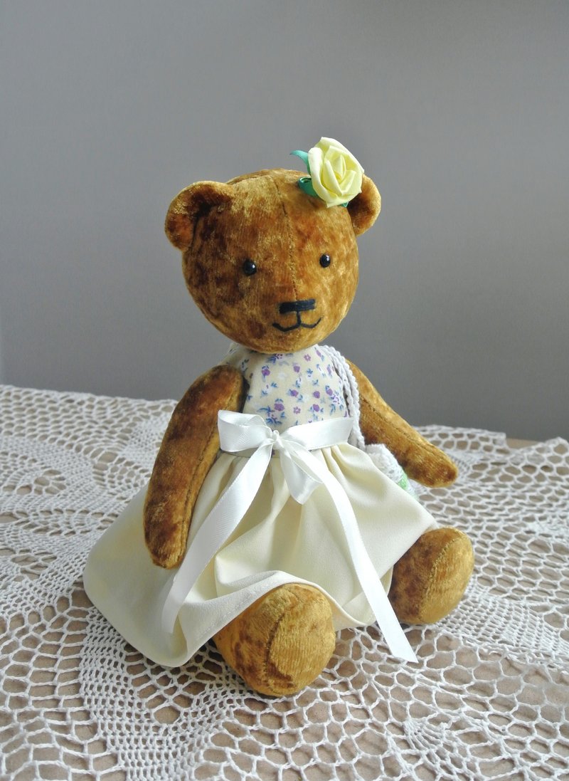 玩具熊 Yellow Teddy Bear in a dress Artist doll bear stuffed toy jointed ooak 玩具娃娃 - 寶寶/兒童玩具/玩偶 - 其他人造纖維 黃色