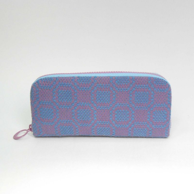 Handwoven long clip 13-denim blue x pink purple - Wallets - Cotton & Hemp Blue