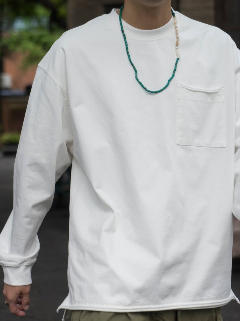 T-Shirt 重磅純色卷邊設計 日系潮流百搭口袋長袖T恤 慵懶風打底T - 男 T 恤 - 棉．麻 白色