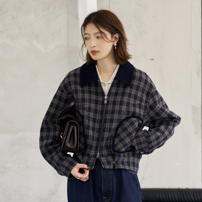藏青格紋翻領夾克棉服|外套|秋冬款|Sora-1360 - 女大衣/外套 - 羊毛 
