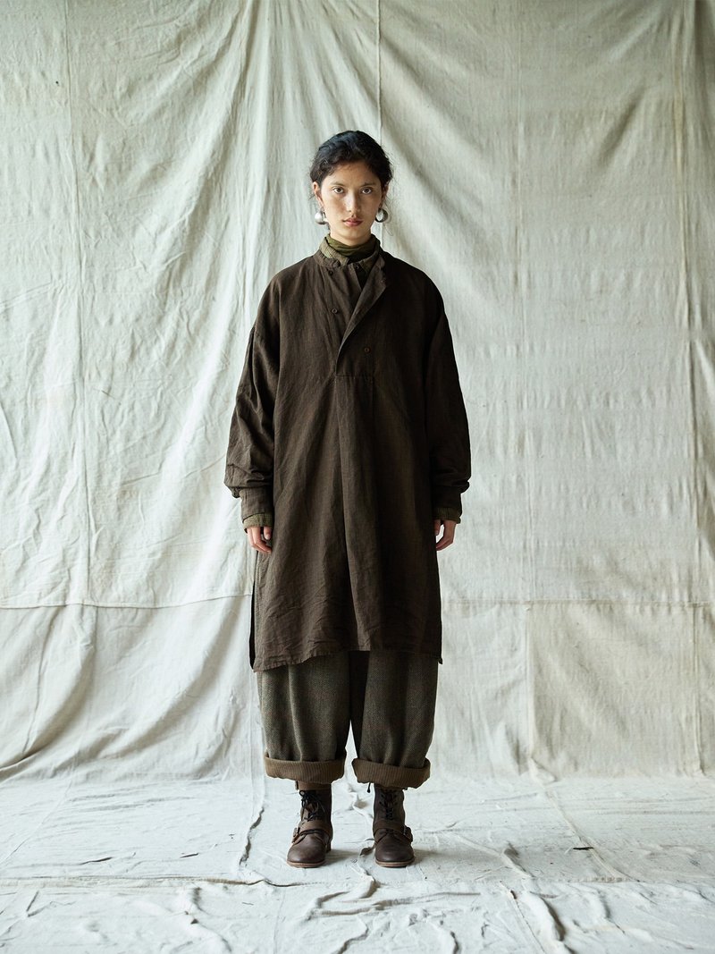 日系復古 亞麻連身裙 休閒立領袍子 - 女大衣/外套 - 其他材質 