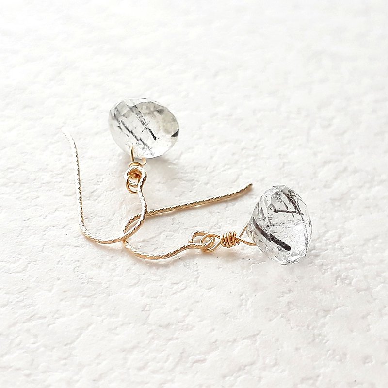 14KGF Black Rutilated Quartz round drop cut face earrings (clip type available) - Earrings & Clip-ons - Semi-Precious Stones 