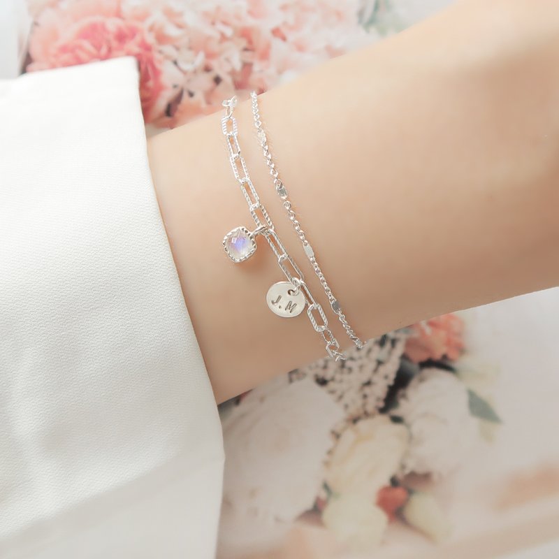 925 Sterling Silver Starlight Moonstone Customized Engraved Double Chain Bracelet Free Gift Packaging - สร้อยข้อมือ - เงินแท้ สีใส