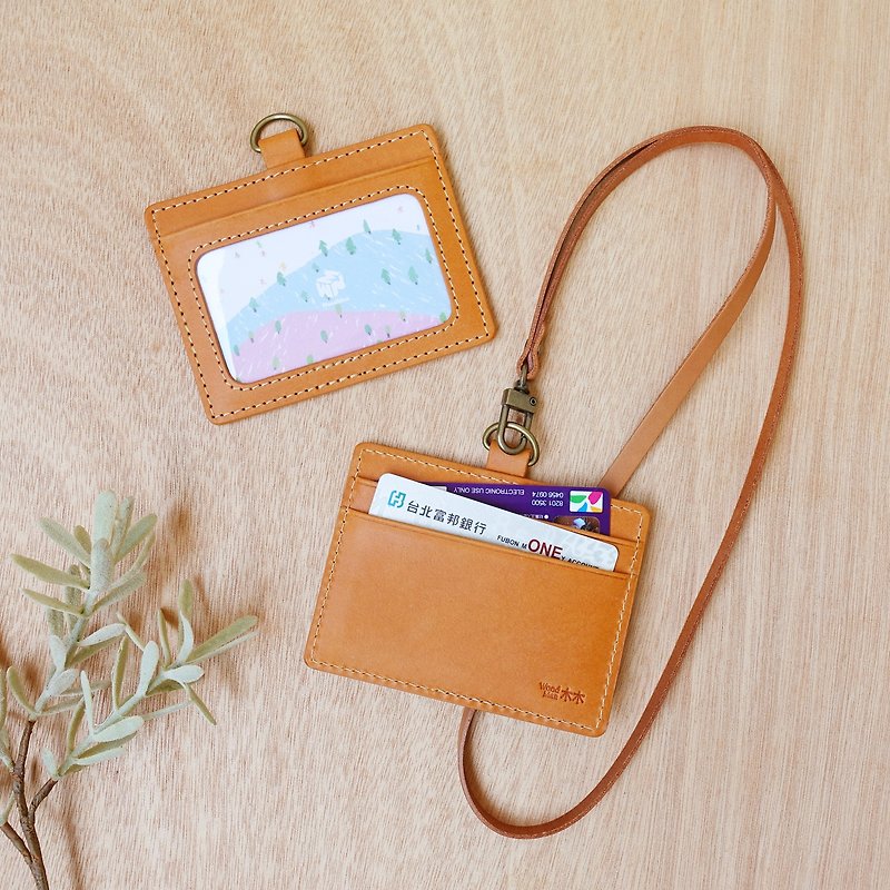 Genuine leather identification card holder + cowhide lanyard (customized with English name) - ที่ใส่บัตรคล้องคอ - หนังแท้ สีนำ้ตาล
