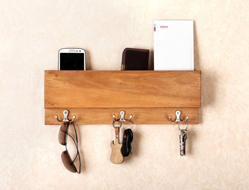 Wall Wooden Mail Holder shelf with hooks for organizing Key Mail Organizer Entry - 衣架/衣帽架/掛勾 - 木頭 