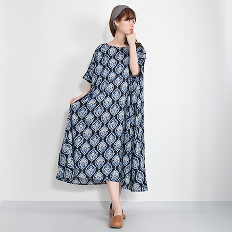 Full pattern ethnic flower print short sleeve one piece - One Piece Dresses - Cotton & Hemp Black