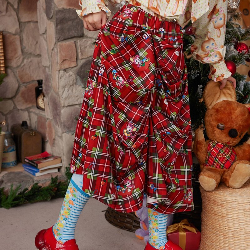 Red Plaid Christmas Bear Autumn and Winter Thickened Long Skirt - Skirts - Other Materials Red