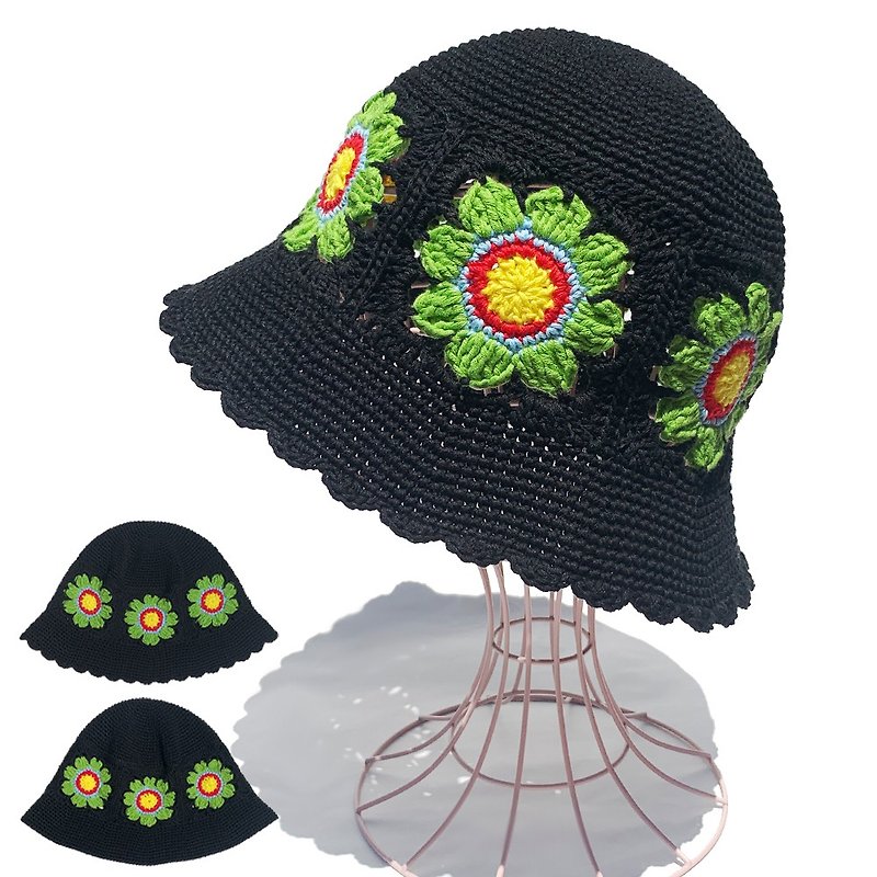 [Croche Hat] Choose your brim FLOWER motif crochet hat BLACK - หมวก - ผ้าฝ้าย/ผ้าลินิน สีดำ