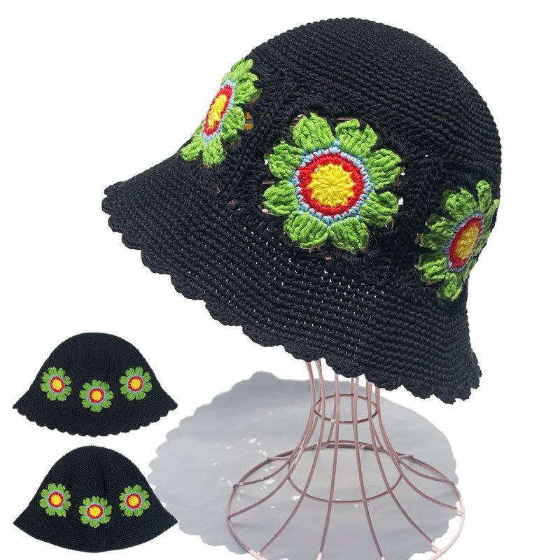 【クロシェハット】選べるブリム FLOWERモチーフ クロシェハット BLACK - 帽子 - 棉．麻 黑色