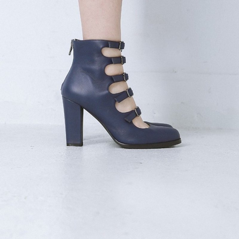 Buckle hollowed out with leather high boots blue - High Heels - Genuine Leather Blue