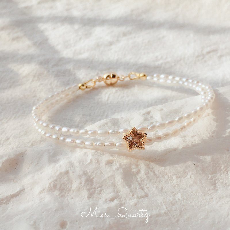 雙層天然淡水珍珠星星鋯石手鍊 - 手鍊/手鐲 - 寶石 