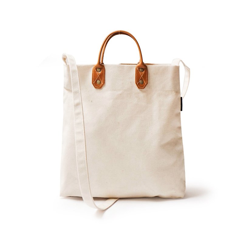 簡約M號真皮帆布購物袋 新增側背帶 手提包 米色 DG26 - 側背包/斜背包 - 棉．麻 白色