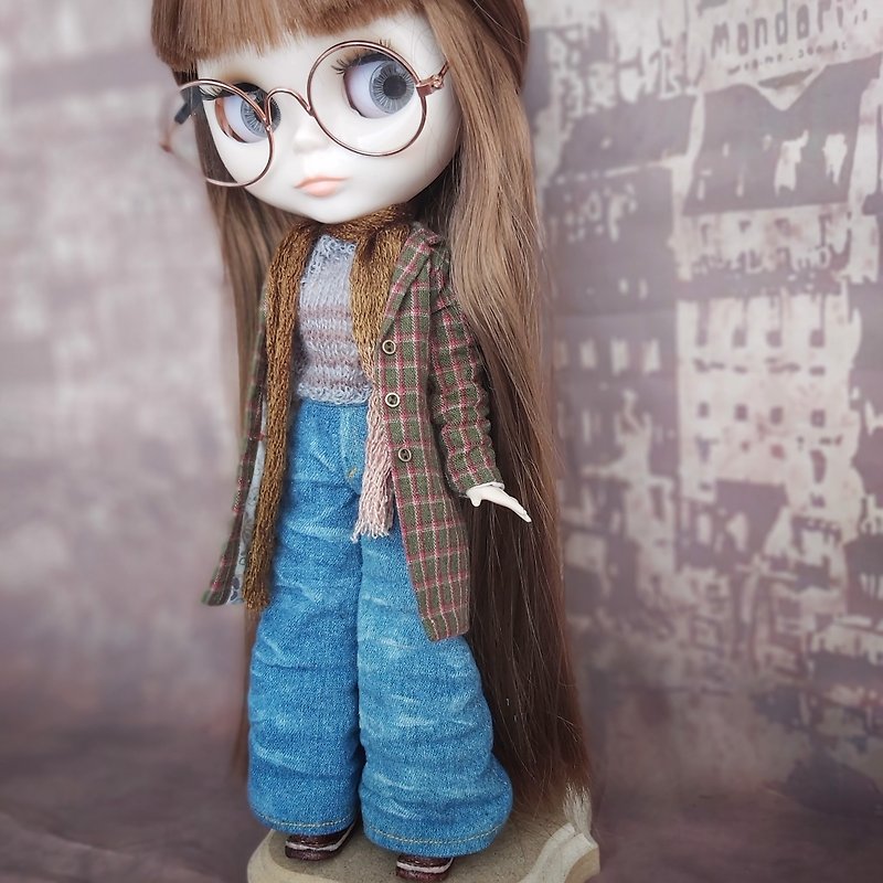 Street outfit for Blythe Doll: coat, jeans, sweater, scarf - 嬰幼兒玩具/毛公仔 - 棉．麻 綠色