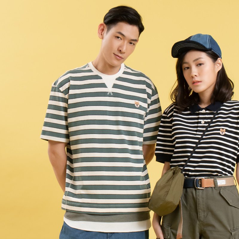 【Pjai】Stripes Oversized T-shirt- Navy//Green (TP733) - เสื้อฮู้ด - ผ้าฝ้าย/ผ้าลินิน สีเขียว