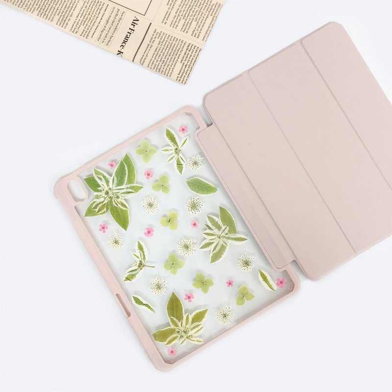 綠葉粉紅白花手工押花iPad殼 iPad Air 11寸13寸iPad Pro11寸13寸 - 平板/電腦保護殼/保護貼 - 植物．花 