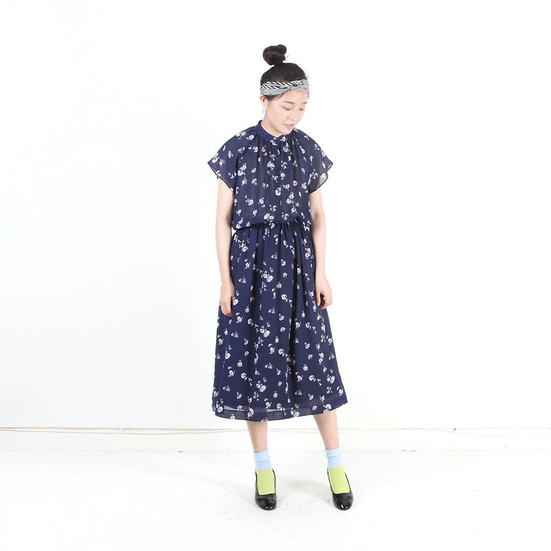 [An old egg plant] Pu Gongying printing short-sleeved vintage dress - One Piece Dresses - Polyester Blue