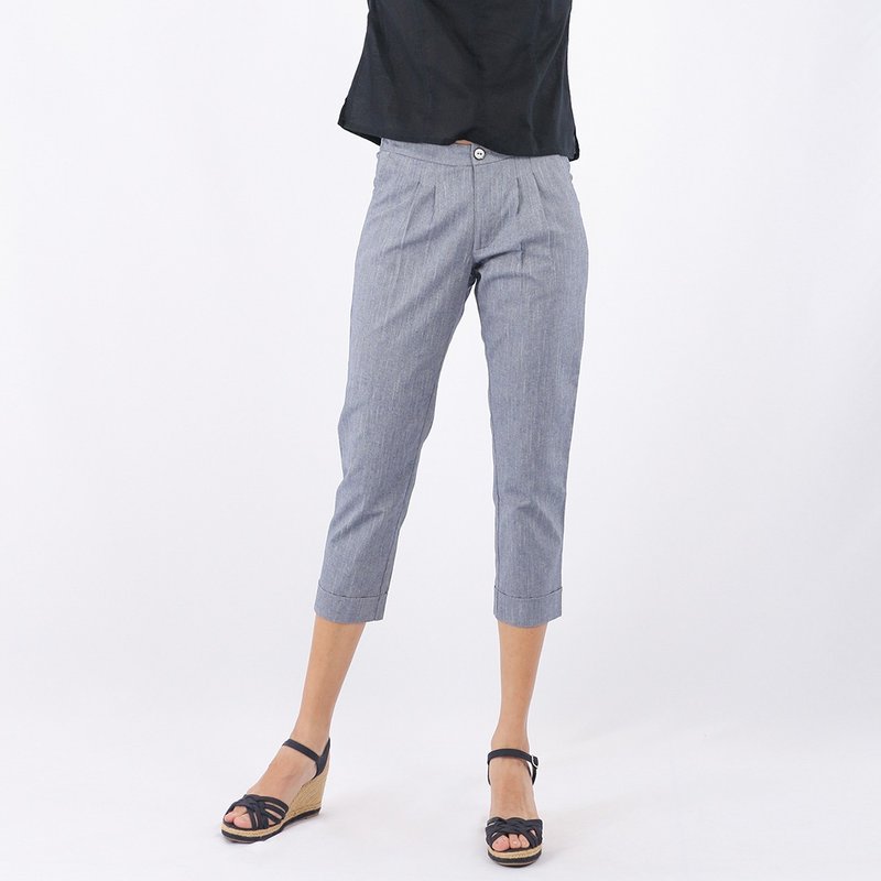 Cotton-Linen Capris Pants, Blue - 女長褲 - 棉．麻 藍色