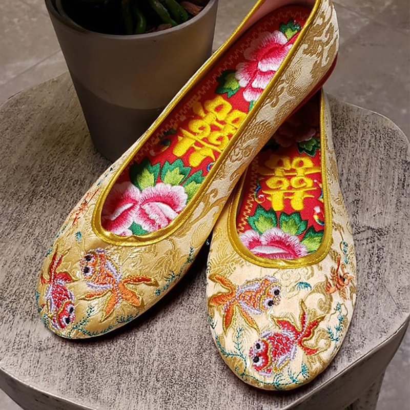 Handmade Yellow Goldfish Wedding Flat Shoes KW11201706 ** Free Gift ** - Women's Casual Shoes - Cotton & Hemp Yellow