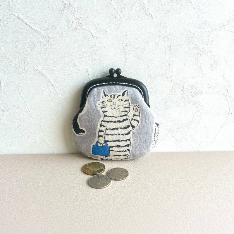 [Kitten goes to work] Coin purse#小口金包#cute#Japanese#storage - Coin Purses - Cotton & Hemp Gray