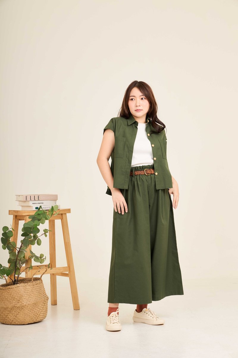 牛津棉質高腰寬褲 - CHAAIM : 綠色 - 女長褲 - 棉．麻 綠色