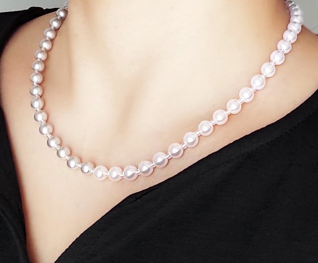 Two colors pearl necklace/Gray】パールネックレス バイカラー セパレート アシンメトリー グレー 入学式 卒業式 結婚式  - ショップ tinies ネックレス - Pinkoi