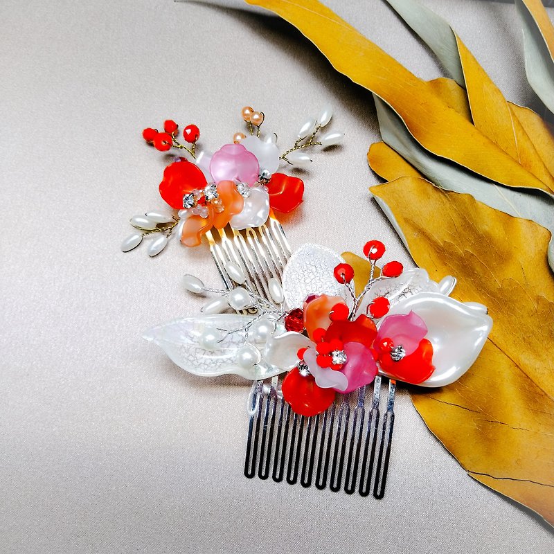 幸せな春の花の花束 - 花嫁の髪の櫛、フランスの櫛、結婚式のビュッフェ - 赤の組み合わせ - ヘアアクセサリー - 金属 レッド