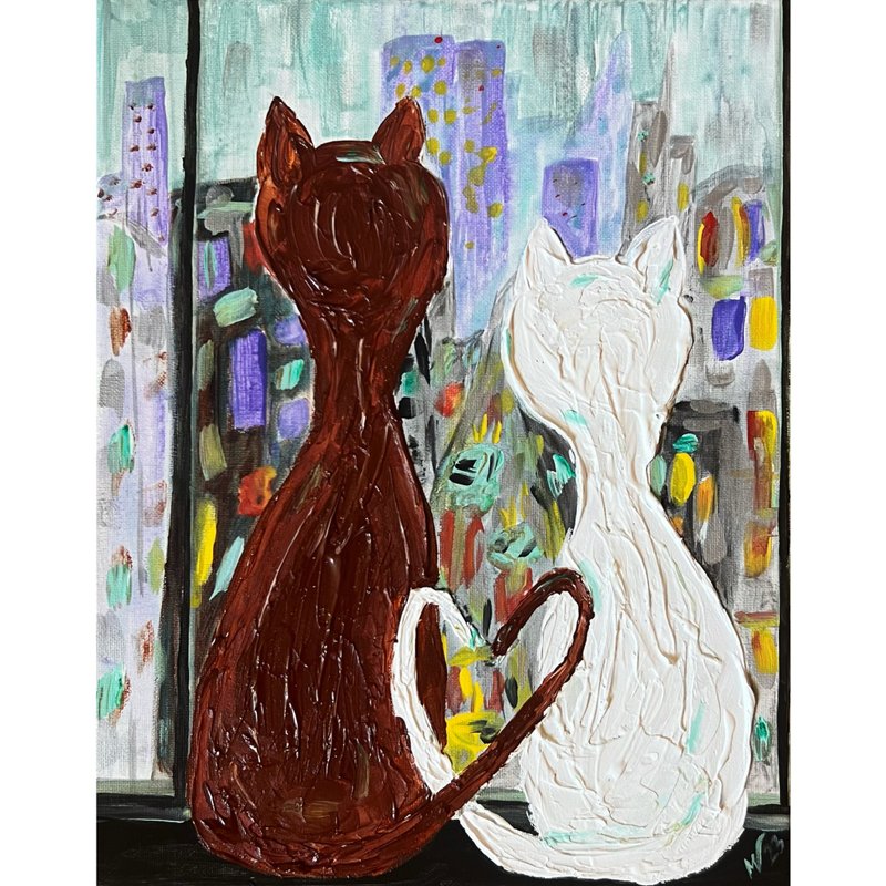 Cat's View Painting Romantic Original Art Futuristic City Artwork Impasto Acryli - เฟอร์นิเจอร์เด็ก - วัสดุอื่นๆ หลากหลายสี