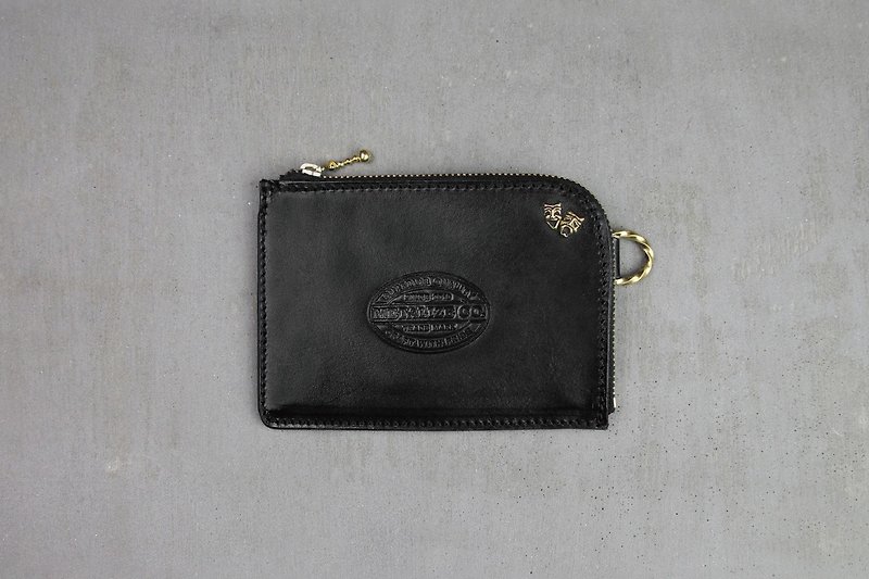 【METALIZE】鋼印黃銅皮革零錢包(純銅哭笑臉) - 零錢包/小錢包 - 真皮 黑色