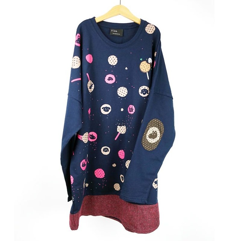 Urb. Maltose long-sleeved stitching pocket dress / dark blue + red biscuits - One Piece Dresses - Cotton & Hemp Red