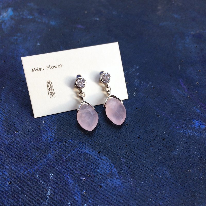 925 silver-rose quartz pierced earrings - ต่างหู - เครื่องเพชรพลอย สึชมพู