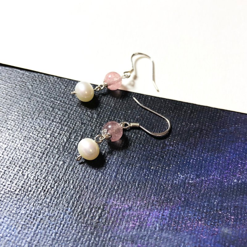 925 Silver-Strawberry Quartz & Pearl pierced earrings - ต่างหู - คริสตัล หลากหลายสี