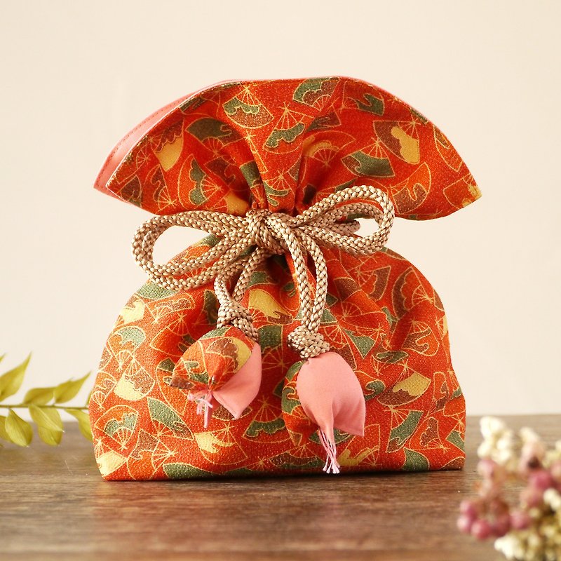 Kimono purse FUGURO fan that calls for happiness - Toiletry Bags & Pouches - Cotton & Hemp Orange