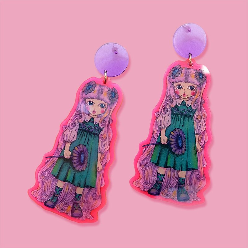 Girl Illustration Pattern Acrylic Earrings - Earrings & Clip-ons - Plastic Pink