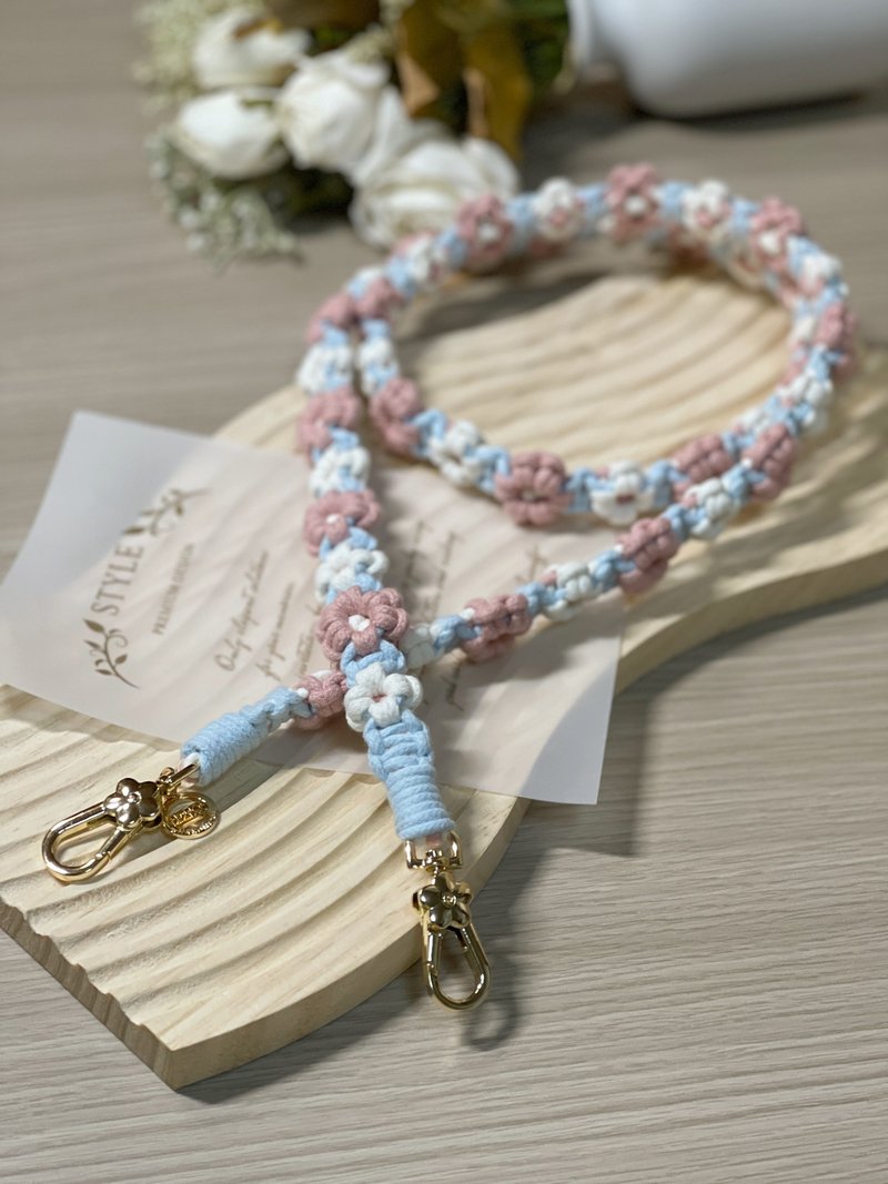 Mobile phone lanyard-woven-big and small flowers-strap - เชือก/สายคล้อง - ผ้าฝ้าย/ผ้าลินิน สึชมพู