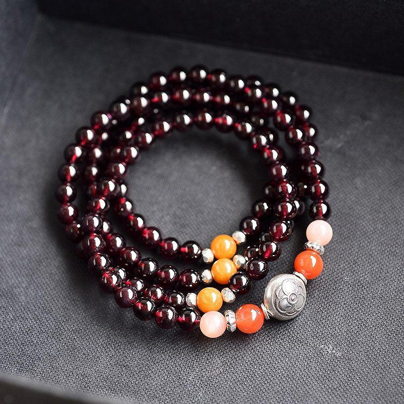 Red garnet + orange moonstone + southern red agate 108 rosary beads / prayer beads / multi-circle bracelet - สร้อยข้อมือ - เครื่องเพชรพลอย สีแดง