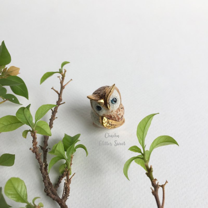フクロウゴールドラッキー-小さな動物の置物 - 人形・フィギュア - 陶器 ゴールド